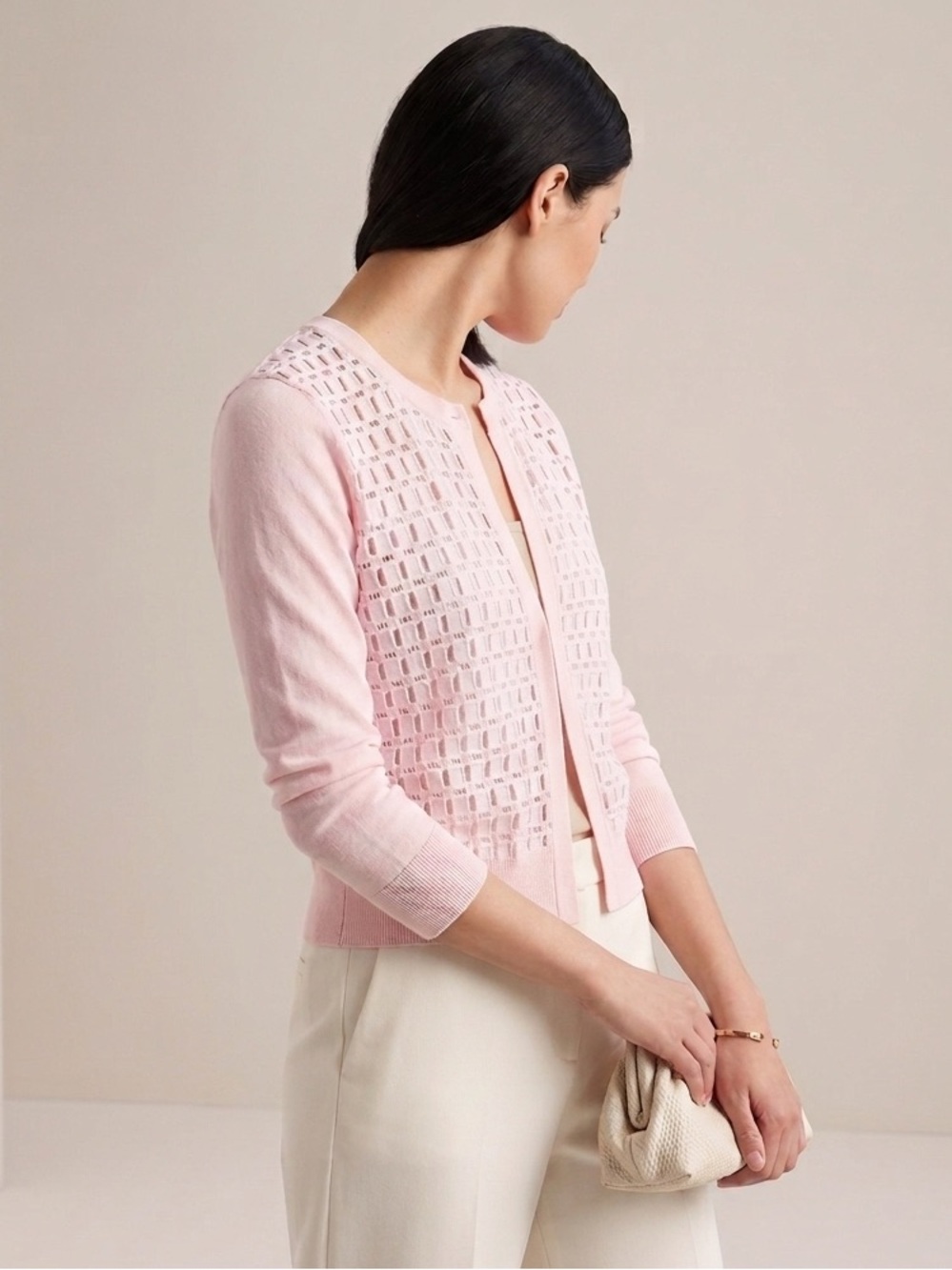 DKNY Light Pink feminine clean girl casual Openwork Knit Cardigan Sweater size M